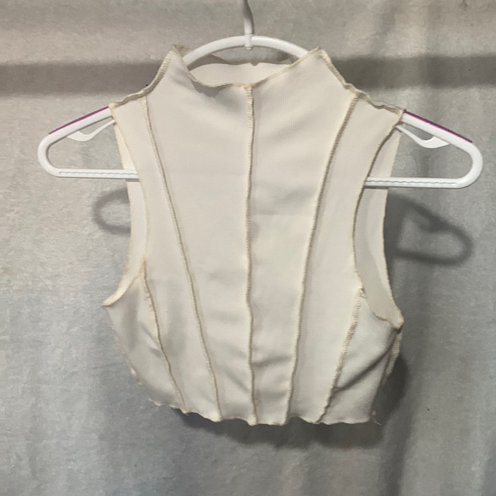 White Tank Cream Stitching High Neck